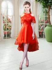 Short Sleeves High Low Lace Zipper Prom Dresses with Rust Red