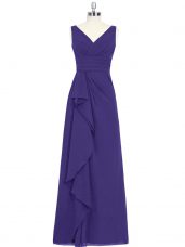 Excellent Purple A-line Chiffon V-neck Sleeveless Ruching Floor Length Zipper Prom Gown