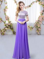 Decent Sequins Dama Dress Lavender Zipper Short Sleeves Floor Length