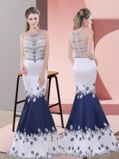 Sexy Blue And White Scoop Neckline Embroidery Sleeveless Zipper