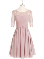 Flare Pink A-line Scoop Half Sleeves Chiffon Knee Length Zipper Lace and Ruching