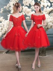 Off The Shoulder Short Sleeves Lace Up Homecoming Dress Red Tulle