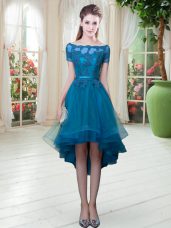 Appliques Evening Dress Teal Lace Up Short Sleeves High Low