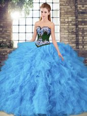 Baby Blue Ball Gowns Beading and Embroidery Quince Ball Gowns Lace Up Tulle Sleeveless Floor Length