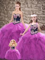 Simple Purple Ball Gowns Tulle Sweetheart Sleeveless Beading and Embroidery Floor Length Lace Up Quinceanera Dress
