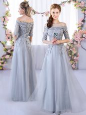 Glorious Floor Length Grey Bridesmaid Gown Tulle Half Sleeves Appliques
