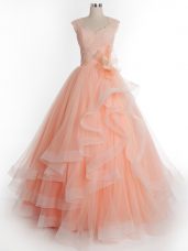 Clearance Sleeveless Tulle Floor Length Lace Up Sweet 16 Quinceanera Dress in Peach with Ruffles