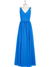 Chiffon V-neck Sleeveless Zipper Ruching Dress for Prom in Royal Blue