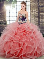 Sweetheart Sleeveless Tulle Sweet 16 Quinceanera Dress Embroidery and Ruffles Sweep Train Lace Up