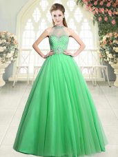 Green A-line Halter Top Sleeveless Tulle Floor Length Zipper Beading Party Dress for Girls