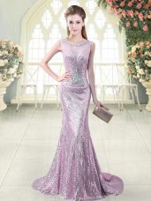 Most Popular Lilac Sequined Zipper Scoop Sleeveless Dress for Prom Brush Train Beading and Sequins