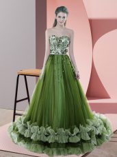 Green A-line Beading and Appliques Prom Dress Lace Up Tulle Sleeveless