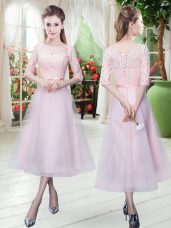 Edgy Baby Pink Party Dress Prom with Belt Scoop Half Sleeves Lace Up