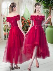 Amazing Appliques Prom Party Dress Red Lace Up Short Sleeves High Low