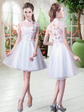 Colorful White Tulle Zipper High-neck Short Sleeves Knee Length Dress for Prom Appliques