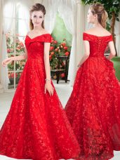 Off The Shoulder Sleeveless Lace Up Prom Gown Red Lace