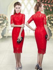 Column/Sheath Evening Dress Red High-neck Half Sleeves Tea Length Zipper