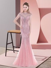 Sweep Train Mermaid Prom Dress Pink Scoop Tulle Cap Sleeves Zipper