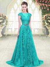 Flirting Aqua Blue and Green Cap Sleeves Sweep Train Beading and Lace Juniors Party Dress