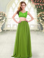 Modest Two Pieces Prom Dress Olive Green Straps Chiffon Sleeveless Floor Length Zipper