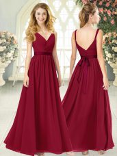 Wine Red Formal Dresses Prom and Party with Ruching V-neck Sleeveless Backless