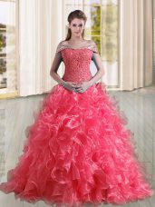 Sleeveless Organza Sweep Train Lace Up Quinceanera Dress in Coral Red with Beading and Lace and Ruffles