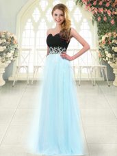 Sleeveless Tulle Floor Length Zipper Prom Dresses in Light Blue with Appliques