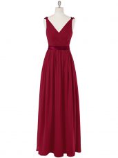Sexy Wine Red Empire Ruching and Belt Going Out Dresses Zipper Chiffon Sleeveless Floor Length