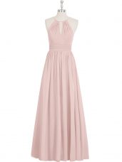 A-line Prom Gown Baby Pink Halter Top Chiffon Sleeveless Floor Length Zipper