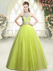 Sumptuous Tulle Halter Top Sleeveless Zipper Beading Prom Dresses in Yellow Green