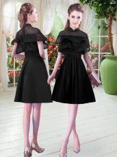 Noble Knee Length Black Prom Dresses High-neck Short Sleeves Zipper