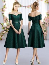 Custom Fit Dark Green Short Sleeves Lace Bridesmaids Dress for Prom and Party and Wedding Party