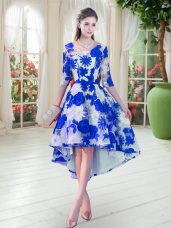Half Sleeves Lace High Low Lace Up Prom Gown in Blue And White with Belt