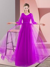 Charming V-neck Long Sleeves Lace Up Dress for Prom Purple Tulle