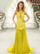 Flare Yellow Backless Prom Dress Lace Sleeveless Brush Train