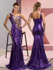 One Shoulder Sleeveless Sequined Prom Evening Gown Beading and Appliques Sweep Train Lace Up