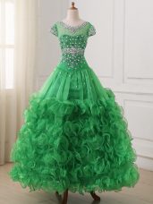 V-neck Cap Sleeves Pageant Dress Wholesale Floor Length Beading and Ruffles Green Organza