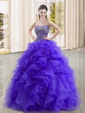 Purple Organza Lace Up Sweetheart Sleeveless Floor Length 15 Quinceanera Dress Beading and Ruffles