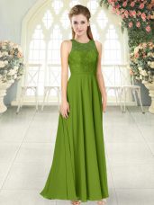 Captivating Scoop Sleeveless Dress for Prom Floor Length Lace Olive Green Chiffon