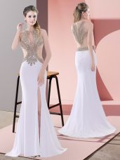 Pretty White Lace Up Scoop Beading and Lace Prom Gown Chiffon Sleeveless Sweep Train