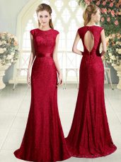 Red Backless Prom Dresses Lace Sleeveless Sweep Train