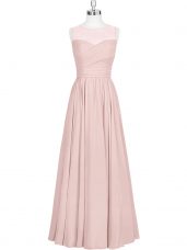 Baby Pink Chiffon Zipper Prom Dresses Sleeveless Floor Length Ruching