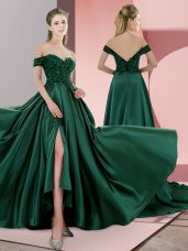 Colorful Green A-line Spaghetti Straps Sleeveless Satin Sweep Train Lace Up Beading Prom Dress
