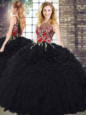 Elegant Sleeveless Floor Length Embroidery and Ruffles Zipper Quinceanera Dress with Black