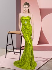 Beautiful Sweetheart Sleeveless Sweep Train Lace Up Prom Evening Gown Apple Green Sequined