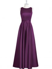Cheap Eggplant Purple Empire Elastic Woven Satin Scoop Sleeveless Ruching and Pleated Floor Length Backless Prom Party Dress