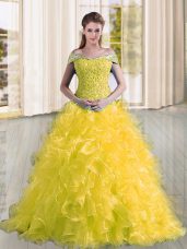 Modern Yellow Lace Up Off The Shoulder Beading and Lace and Ruffles Quinceanera Dress Organza Sleeveless Sweep Train