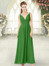 Green Backless V-neck Ruching Evening Dress Chiffon Sleeveless