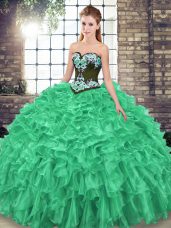 Fantastic Green Lace Up 15th Birthday Dress Embroidery and Ruffles Sleeveless Sweep Train