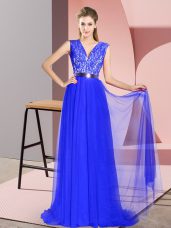 Royal Blue V-neck Neckline Beading and Lace Prom Dresses Sleeveless Zipper